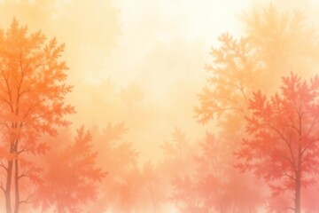 Ethereal autumn forest landscape with orange trees and misty atmosphere