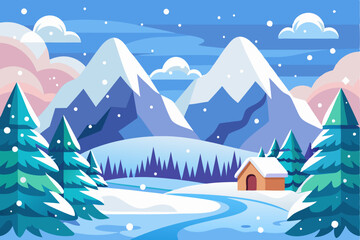 Snowy Mountain Landscape with Cabin and Pine Trees