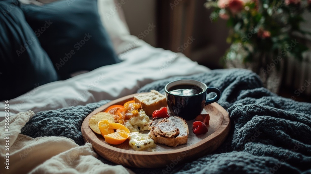 Wall mural A plate of a breakfast tray with fruit and coffee on it, AI