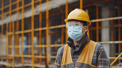 worker in protective mask, Asian construction worker 