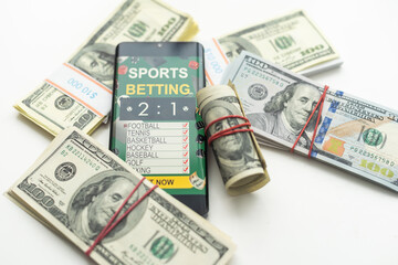 tablet pc with app for sport bets, on top of stacks of banknotes, white background, concept of online bets 3d render