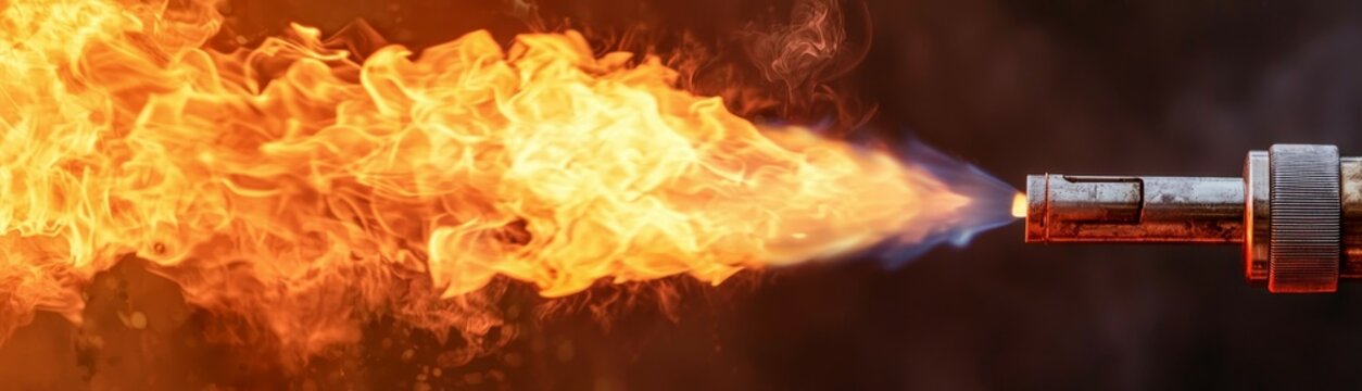 A flamethrower in action, with a jet of fire shooting out and igniting the target.