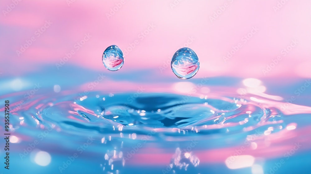 Aufkleber beautiful clean transparent bright drop of water on smooth surface in blue and pink colors macro cre