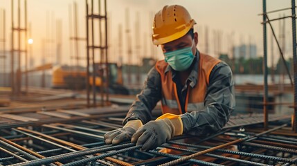 worker in protective mask, Asian construction worker 