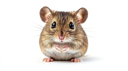 Cute Wood mouse Apodemus sylvaticus sitting on hind legs and looking in the camera on white background : Generative AI