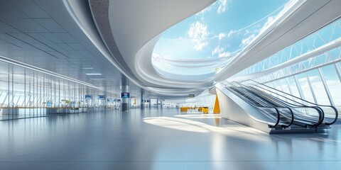 Modern airport terminal with escalator and skylights.