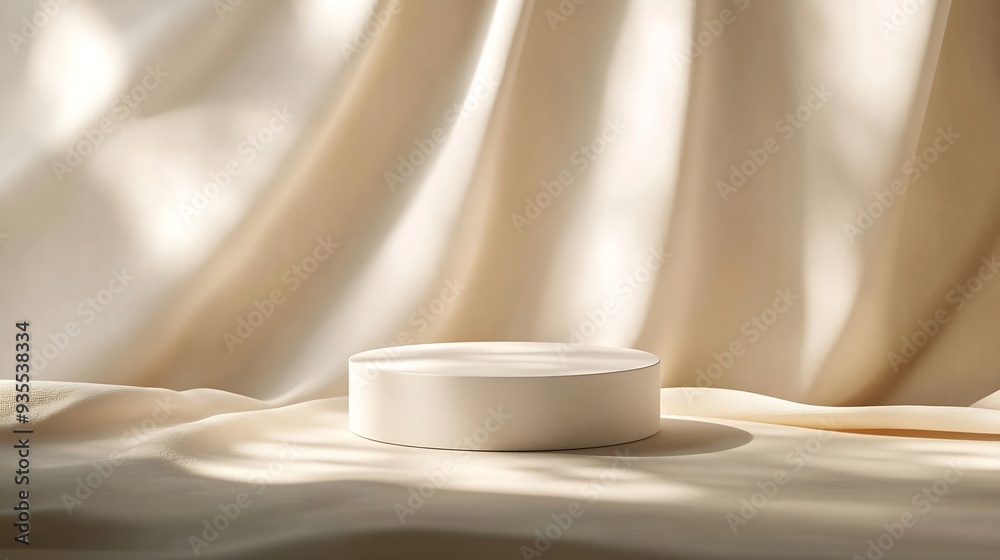 Poster Cosmetic background for product presentation White empty plaster podium with shadows on biege background : Generative AI