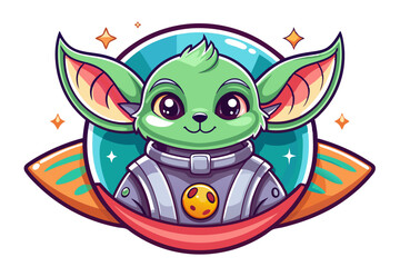 Obraz premium Cute Green Alien Astronaut with Big Eyes in Spaceship
