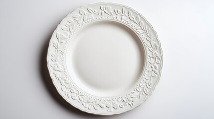 Empty vintage porcelain plate cutout Textured white dish with a floral pattern isolated on a white background Beautiful tableware crockery for food design Crockery concept Front view : Generative AI