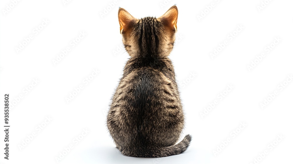Poster rear view of funny tabby cat kitten isolated on white : generative ai