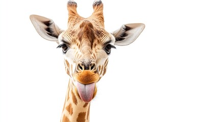 Fototapeta premium Funny photo of giraffe stick out longue tongue isolated on white : Generative AI