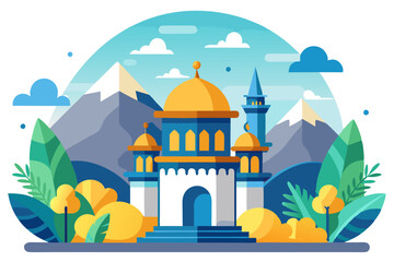 A mosque with golden domes surrounded by mountains and lush greenery