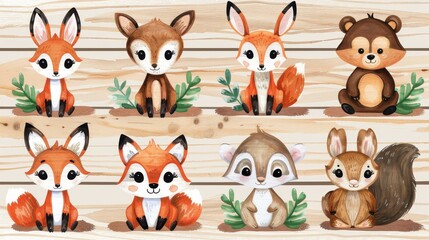A charming array of forest animals, including rabbits and squirrels, brought to life with vibrant watercolor on wood.