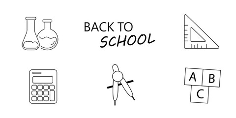 Hand drawn school supplies, stationery. Back to School concept. Free drawing of school subjects on checkered sheet of notebook. Sketch icon set, doodles. Good for wrapping paper, textile prints