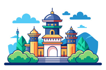 A Colorful Cartoon Illustration of a Mosque in a Landscape