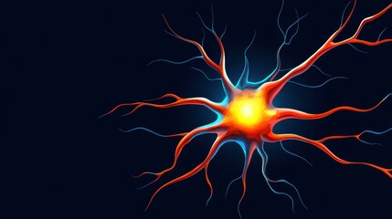 Eyecatching neuron illustration with vibrant colors, showcasing a glowing soma and axon amidst stylish textures.