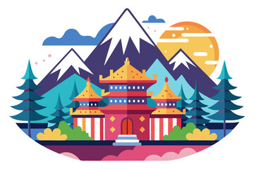 Colorful Illustration of a Pagoda in a Mountainous Landscape