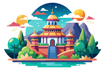 Colorful Illustration of a Pagoda with Surrounding Mountains and Trees