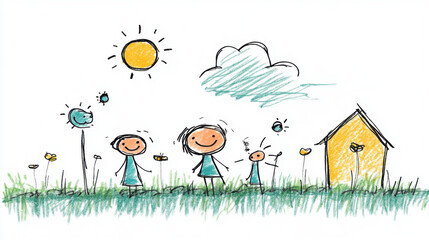 Whimsical hand-drawn illustration of a smiling family outdoors, with flowers, the sun, and a house. Perfect for children’s themes.