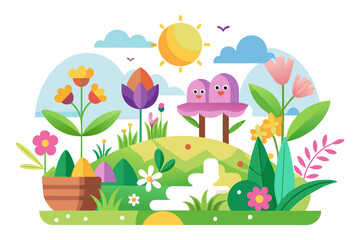 Colorful Springtime Landscape with Flowers, Birds, and a Sun