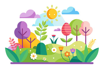 Colorful Cartoon Illustration of a Sunny Spring Landscape
