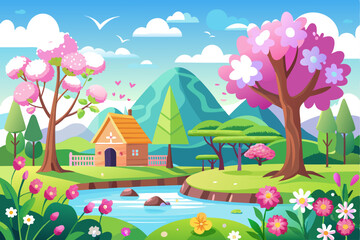 Cottage in a Springtime Landscape with a River