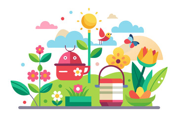 Naklejka premium A Colorful Garden Scene with a Robot, Flowers, a Bird, a Butterfly, and a Lantern