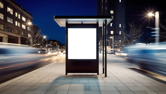 Blank white vertical digital billboard poster on city street bus stop sign at night.