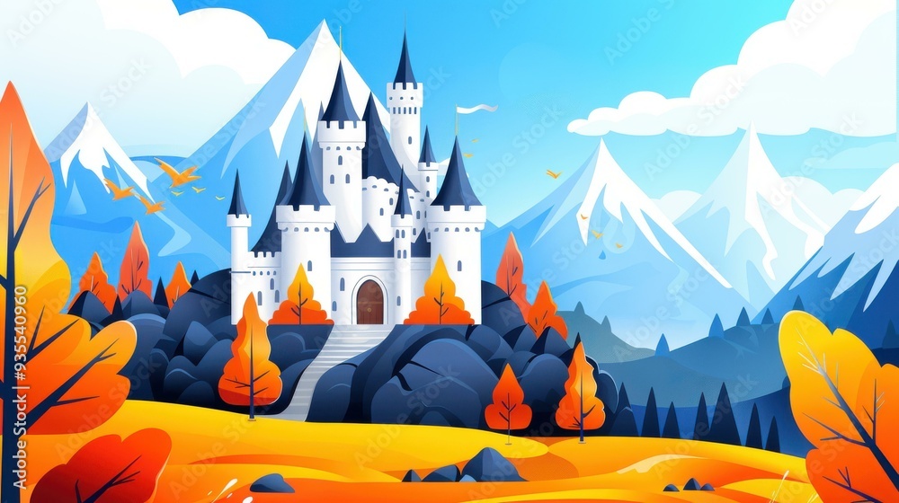 Wall mural Discover a stunning castle atop a hill, surrounded by haunting scenery, all illustrated in vibrant, modern flat art.