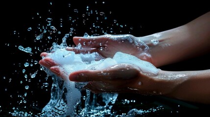 Fototapeta premium Hands with drops of water on a black background create a lively, mesmerising image. The dynamic interplay evokes a sense of freshness and freedom, hinting at the theme of skincare.