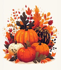 Naklejka premium Autumn and Fall Themes, festive autumnal decorations outdoors, flat design illustration
