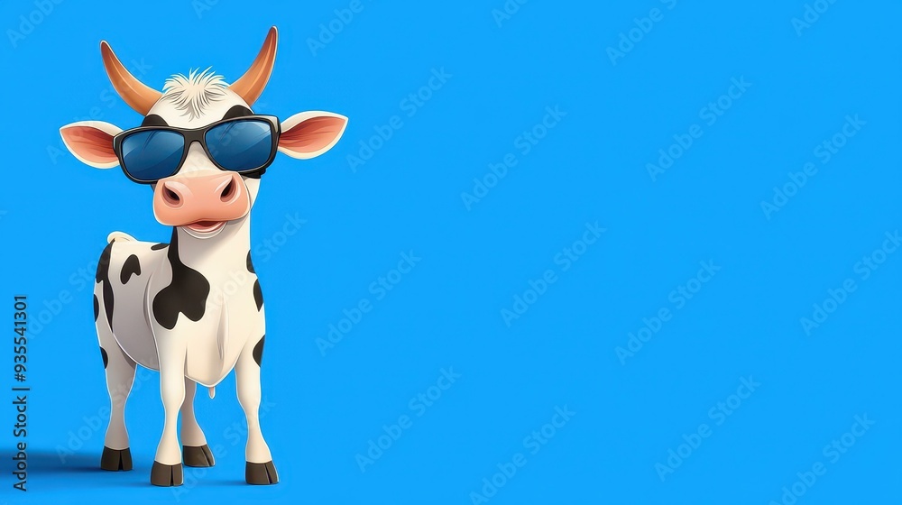 Wall mural A playful cow wearing shades adds charm to this modern flat illustration, set against a vibrant blue studio background.