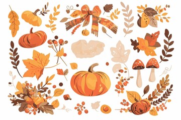 Autumn and Fall Themes, vintage fall decorations with rustic charm, flat design illustration