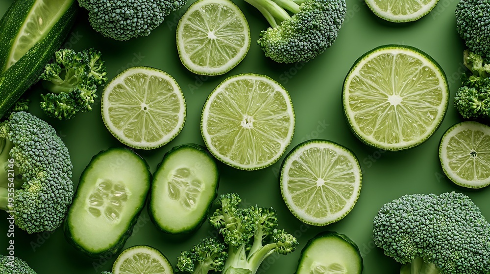 Poster Creative layout made of broccoli cucumber and lime on the green background Food concept Macro concept : Generative AI