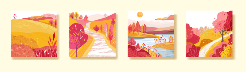 Set of posters with Autumn nature. Sun over the river. Hand drawn. Hilly terrain with paths. Postcard background. Print on a notebook, dishes or wallpaper. Vector