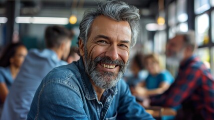 A cheerful man with a beard and a denim shirt is seated at a table in a cafe, surrounded by friends engaged in conversation and laughter in a vibrant atmosphere