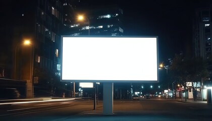 A blank white street billboard at night, with no text or images on the screen. 