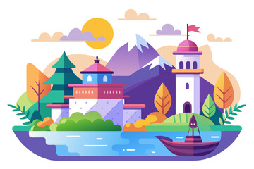 Obraz premium A Quaint Village with Two Towers by a Lake and Mountains in the Background