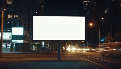 A blank white street billboard at night, with no text or images on the screen. 