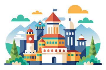 A Colorful Cityscape with Multiple Buildings and Lush Greenery