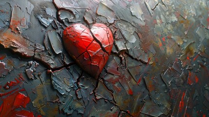 A digital painting with a red heart surrounded by cracked textures on a multicolored background induces nostalgia and sadness with dramatic colors.