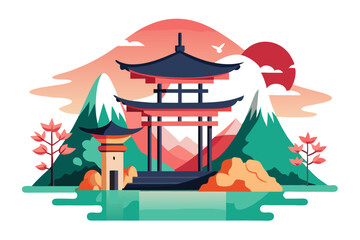 Fototapeta premium Japanese Traditional Pagoda with Mountain Landscape and Sunset