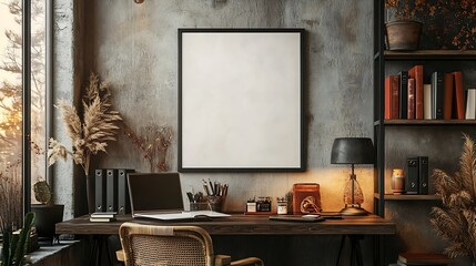 Creative composition of warm and cozy office interior with mock up poster frame wooden desk rattan chair stylish lamp black rack books and office accessories Home decor Template : Generative AI