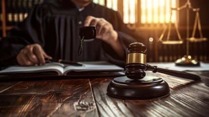 In a courtroom setting, a judge presides over legal matters while a lawyer takes notes. The gavel and scales of justice symbolize the legal proceedings underway