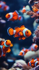 Explore the Underwater World: Vibrant Scene with Numerous Cute and Brightly Colored Clownfish Swimming Amidst a Rich Coral Reef, Showcasing the Beauty and Diversity of Marine Life.