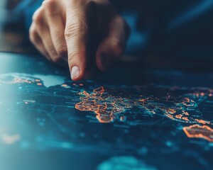 Close-up of government officials discussing economic policy over a digital map, concept of strategic economic decisions