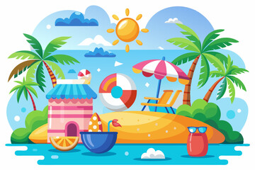 Obraz premium Idyllic Tropical Beach Scene with Palm Trees, Sun, and Beach Hut