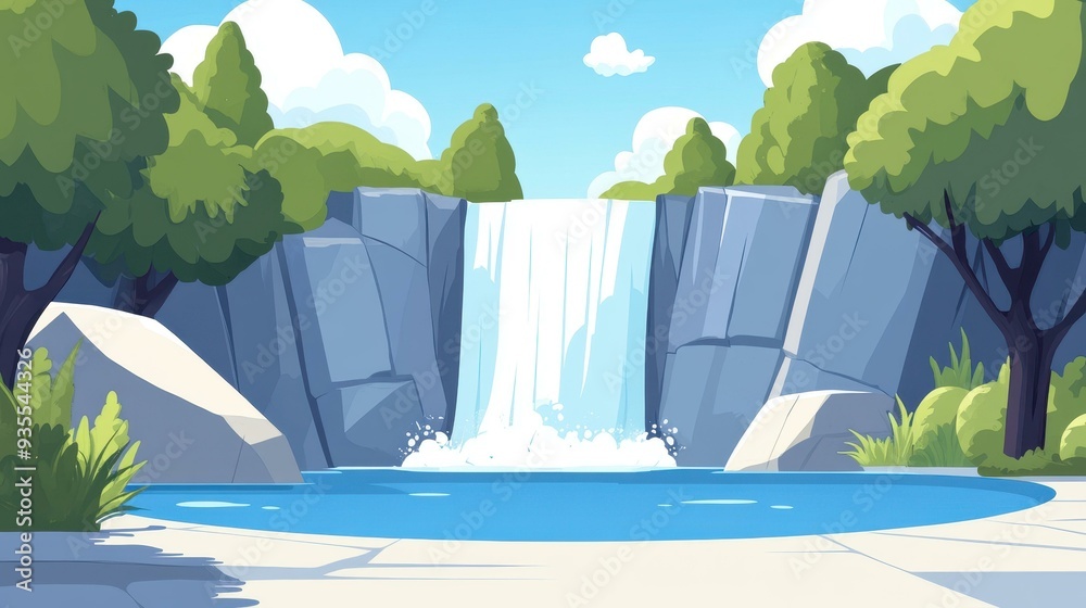 Poster Discover the stunning allure of a majestic waterfall cascading into a serene pool through a vibrant, modern illustration.