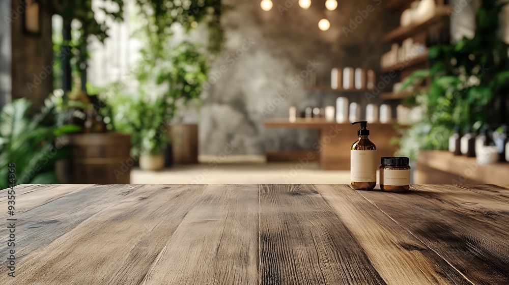 Poster blank wooden table for product display with blurred spa salon waiting area as background : generativ