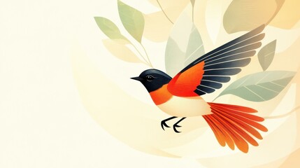 Obraz premium A vibrant male redstart soars through a tranquil forest, showcasing playful textures and bright colors in this modern art piece.